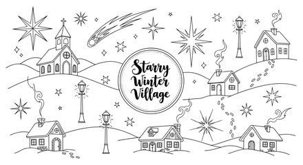 Fototapeta premium Starry winter village scene with snow-covered houses and stars in a white background
