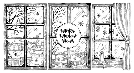 Fototapeta premium Winter window views with snowflakes and candle in hand-drawn style