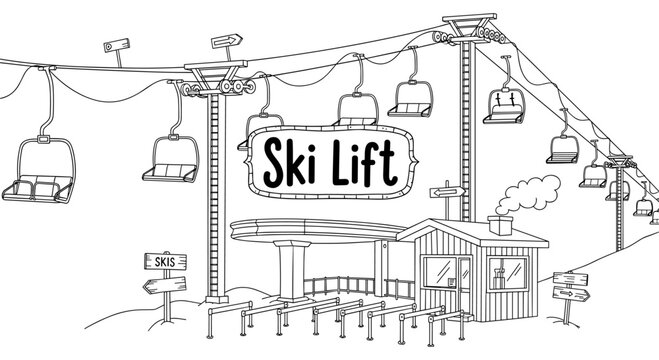Ski lift scene in black and white line art featuring mountain ski resort setup
