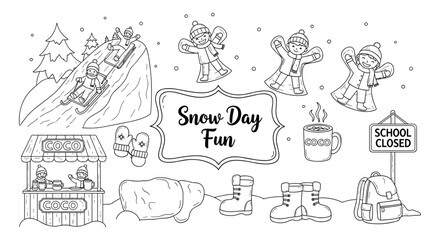 Fun winter snow day activities with kids playing and sledding outdoor