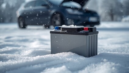 Car battery in snow with vehicle in background during winter check