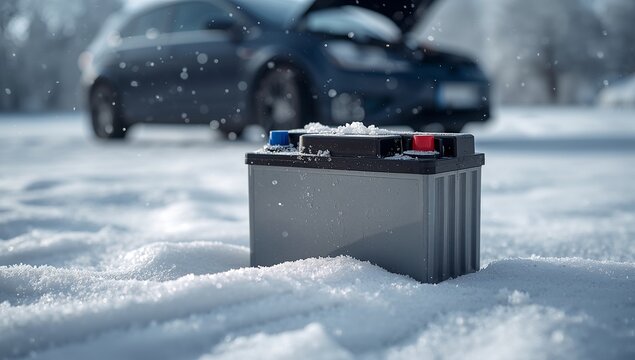 Car battery in snow with vehicle in background during winter check