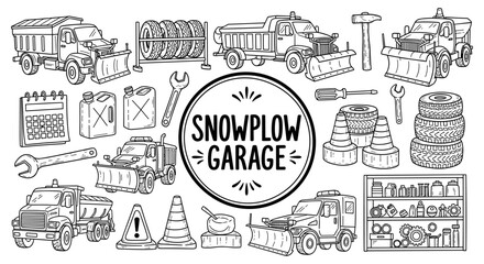 Monochrome snowplow garage with winter equipment and tools