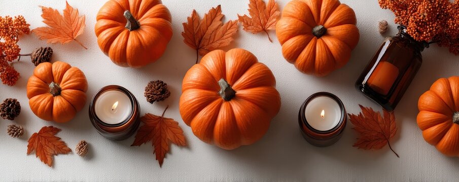 Autumn centerpiece with pumpkins, candles, and autumn leaves for cozy fall decor