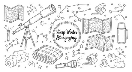 Cosmic exploration: winter stargazing essentials in hand-drawn style