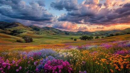Fototapeta premium Vibrant Wildflower Meadow Under Dramatic Sky at Dusk with Colorful Blooms, Rolling Hills, and Soft Clouds in Background Creating a Serene Landscape