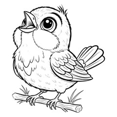 Illustration of a cute little bird singing on a branch, perfect for childrens books and coloring pages