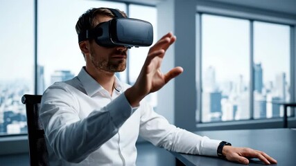 Man wearing virtual reality headset. Businessman using metaverse technology. Augmented reality simulation for future corporate innovation. - Powered by Adobe
