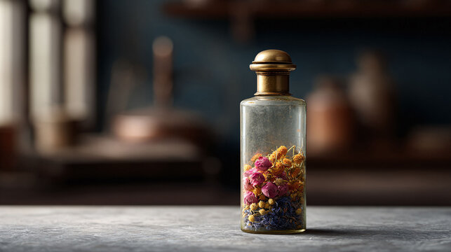 Elegant vintage glass bottle filled with colorful dried flowers. Nostalgic, decorative. Great for concept of preservation, memory, beauty, nature, and vintage aesthetics.