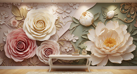 3D Wallpaper with Classic Flowers for Elegant Home Interiors, 3D Relief Mural, 3D Floral Wallpaper, 3D Wall Mural, 3D Floral Background, 3D Wall Mural.