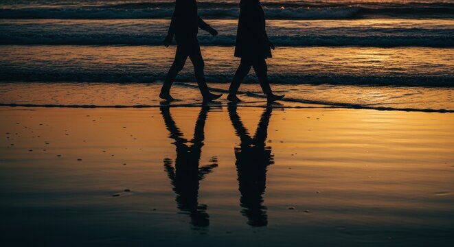 Silhouette of a couple walking on the beach during a golden sunset. Romantic getaway and travel lifestyle concept. Partnership and togetherness on a seaside vacation