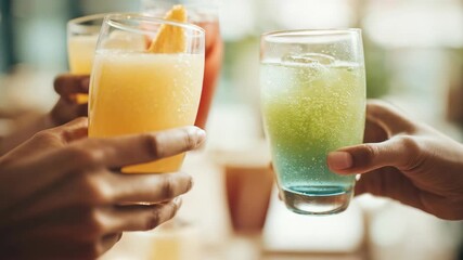 Vibrant drinks in various colors are raised in a toast, symbolizing friendship and joyful moments. The image captures a trendy, summery vibe ideal for parties, events, and lifestyle themes