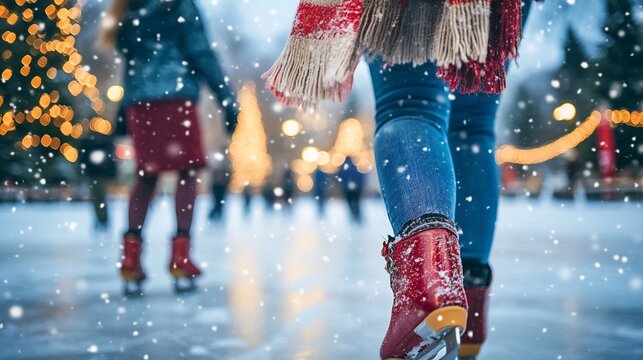 Family ice skating outdoors during holiday season colorful scarf snowy background cheerful faceless Christmas vibe