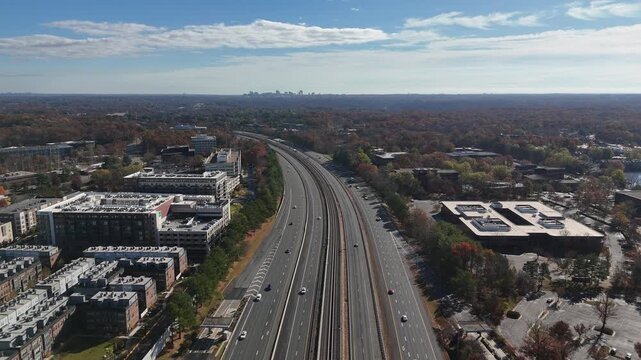 Aerial Drone View of Cars Driving on Dulles Toll Road in Reston Virginia 4K
