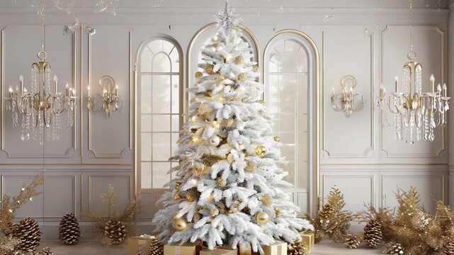 Elegant Christmas Interior with White Flocked Tree, Gold Ornaments, Chandeliers, Gifts, and Classic Wall Paneling for Holiday Season