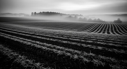 Dramatic monochrome landscape with graphic lines. Cultivated agricultural field with rhythmic patterns in morning fog. Sustainable farming and environmental concept. Moody rural scenery
