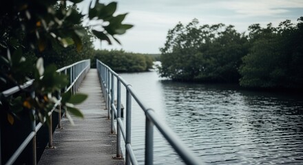 Concrete footbridge over a river in a mangrove forest. Pathway for exploration and ecotourism. A journey through nature with a moody cinematic feel. Metaphor for progress and connection