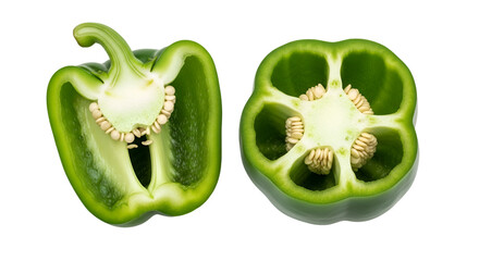 Two halves of a fresh green bell pepper isolated on transparent background