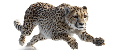 Powerful cheetah in full sprint captures raw speed and untamed wilderness, embodying agility and wild grace for dynamic nature projects.
