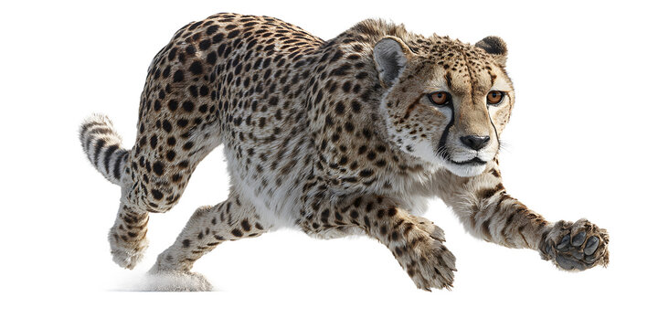 Powerful cheetah in full sprint captures raw speed and untamed wilderness, embodying agility and wild grace for dynamic nature projects.