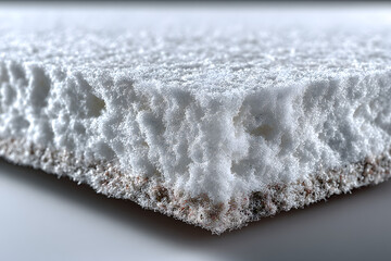 Vertical foam board surface detail, close-up of textured foam sheet with cutting marks, sponge-like material for packaging, white rough abstract background for poster design