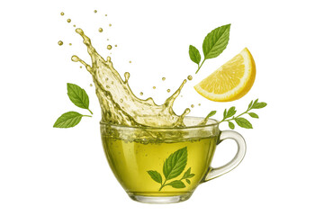 Green tea splash with fresh lemon slice and mint leaves, refreshing herbal detox beverage on transparent background