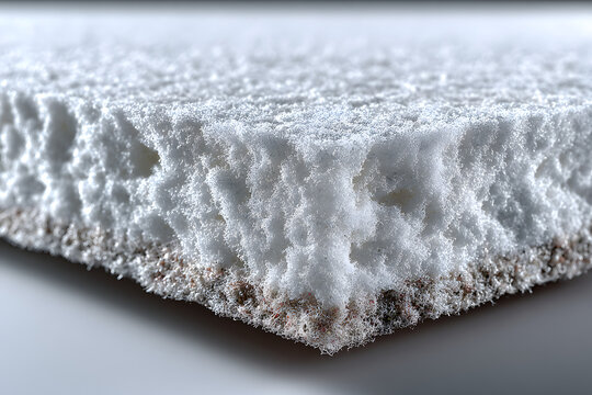 Vertical foam board surface detail, close-up of textured foam sheet with cutting marks, sponge-like material for packaging, white rough abstract background for poster design