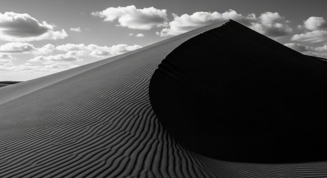 Stark black and white desert landscape. Abstract sand dune with dramatic shadows and light. Minimalist natural texture and form for conceptual design. Powerful environmental scene