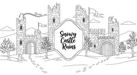 Obraz premium Intricate snowy castle ruins with bare trees in linear style