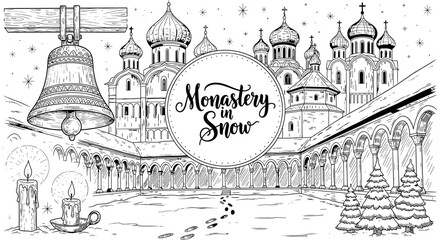 Obraz premium Winter monastery scene: hand-drawn architectural beauty with snowy courtyard and candlelit atmosphere