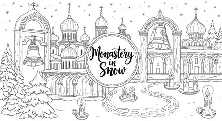 Winter monastery scene with snow and candles in a line art style