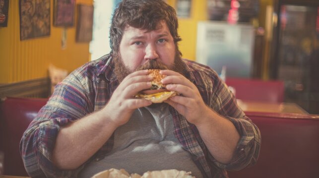 A man with a beard sits at a booth in a diner, eagerly holding a large burger. He is ready to take a big bite while surrounded by a lively atmosphere. - Powered by Adobe