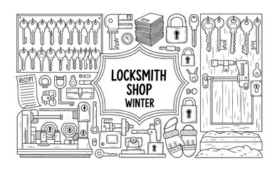 Naklejka premium Locksmith shop winter design with keys and locks in linear style