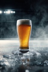 A glass of golden beer with condensation rests on ice on an ice rink ready for hockey game season celebration