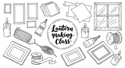 Lantern making diy workshop with decorative supplies in doodle style