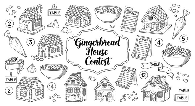Hand drawn gingerbread house design contest with decorating tools and number tags