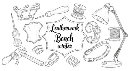 Handcrafted leather tools in winter workshop line art design