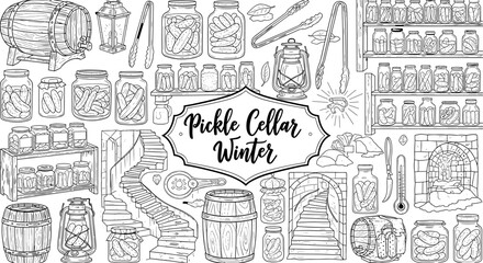 Winter pickle cellar elements in hand drawn style featuring jars, barrels, and stairs