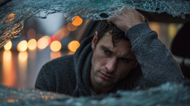 A man appears distressed inside a car after an accident. Broken glass is visible, and city lights blur in the wet background, emphasizing the somber mood of the scene.