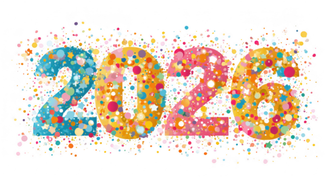 Celebratory typography design for 2026 colorful sparkles and cheerful style festive environment joyful viewpoint