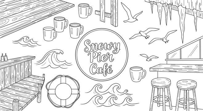 Snowy pier caf&eacute;: winter coastal scenes with birds and waves in outline art