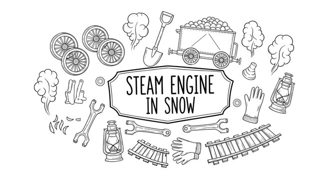 Hand drawn steam engine elements in snow theme outline
