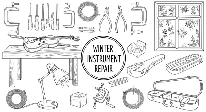 Winter instrument repair workshop tools and equipment in detailed linear style
