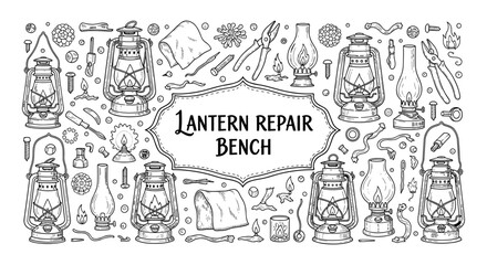 Vintage lantern repair pattern with tools and accessories in black and white linear design