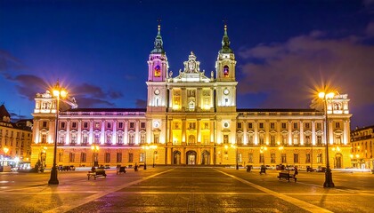 Obraz premium Large ornate building with illuminated facade under a twilight sky