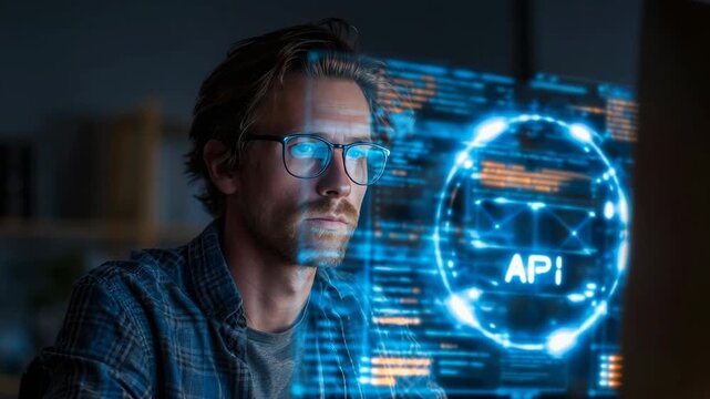 Young caucasian male programmer analyzing futuristic api interface with holographic display