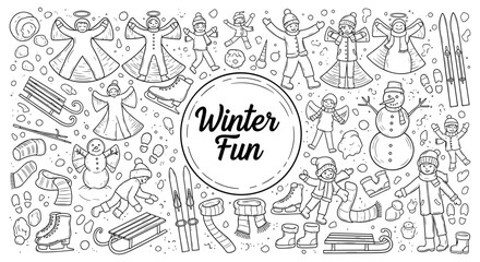 Obraz premium Winter fun: doodle design with snowmen, skates, and kids enjoying snow activities
