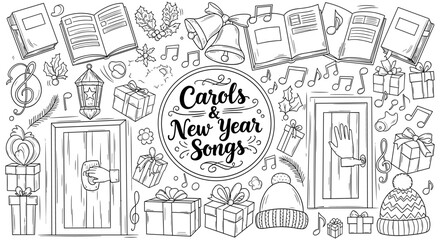 Hand drawn holiday music and winter decorations with bell and gift elements