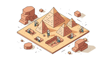 Isometric ancient pyramid excavation with archaeologists in a desert setting