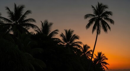 Fototapeta premium Tropical palm tree silhouettes against a sunset sky. Warm orange glow of the golden hour. Serene travel destination for summer vacation. Natural minimalist scenery with copy space